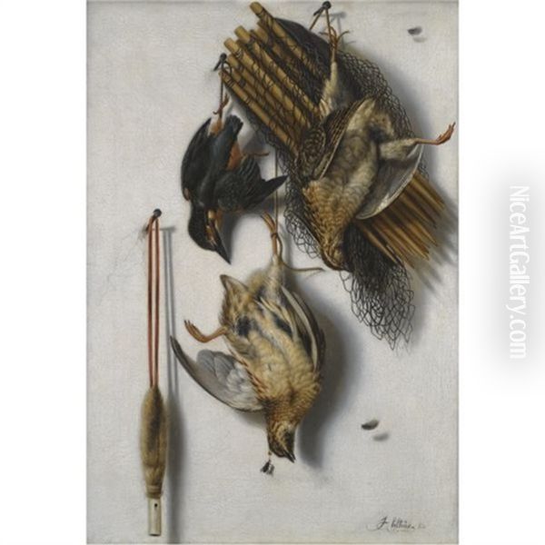 A Tromp L'oeil Still Life With Two Quails, A Kingfisher, A Bird Net And A Whistle - view 1