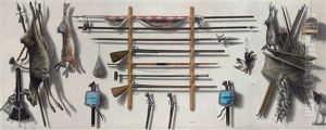 A Trompe-l'oeil Of An Arms Rack With A Leading Staff, A Partizan, A Matchlock Musket, A Longbow, A Fowling Piece With Pistols And Dead Game by Jacobus Biltius