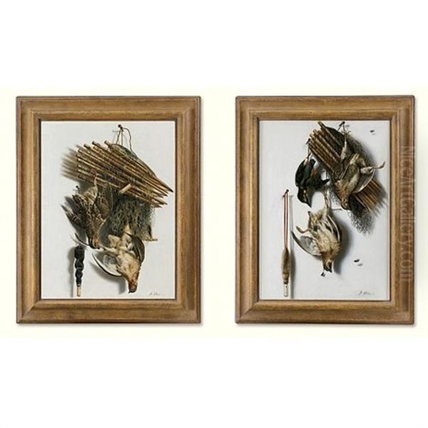 Trompe L'oeil Still Life With Quails, Kingfisher, Bird Net And Whistle (+ Trompe L'oeil Still Life With Two Quails, Bird Net And Whistle; Pair) - view 1
