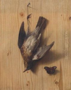 A Trompe L'oeil Of A Thrush Suspended From A Nail And A Butterfly