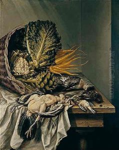 Still Life With An Overturned Basket Of Vegetables And Various Fowl On A White Cloth