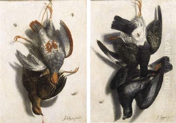 Trompe-l'oeils: Partridges And Pigeons Suspended By Ropes Attached To Nails With Flies On Plaster Partitions - view 1