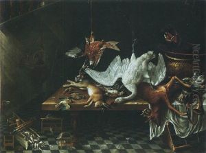A Still Life Of A Swan, Deer, Rabbits And Other Dead Game On A Table, With A Boar's Head On A Platter And Caged Songbirds