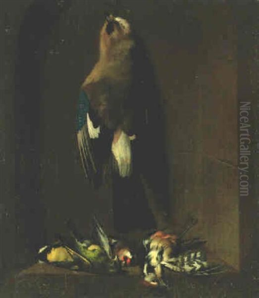 A Dead Jay Hanging From A Nail And Songbirds In A Stone Niche - view 1