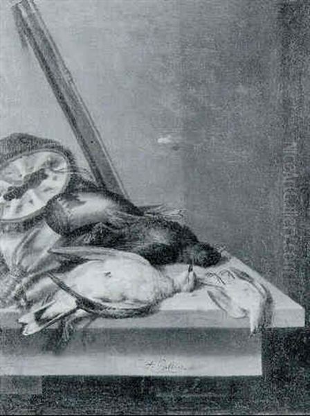 Dead Birds, A Hunting Bag, A Horn On A Stone Ledge, A Rifle Leaning Against The Wall Beyond - view 1