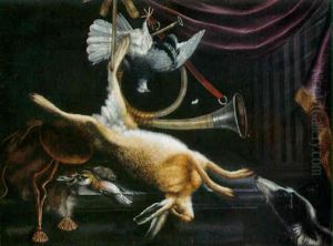 Dead Birds And A Hunting Horn Suspended Above A Stone Ledge By A Draped Column, Dead Songbirds And A Hound Nearby by Jacobus Biltius