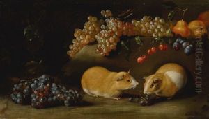 Still Life Of Grapes And Other Fruit With Two Guinea Pigs Beside A Rocky Ledge