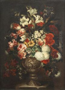 Tulips, Lilies, Chrysanthemums And Other Flowers In A Vase On A Stone Ledge Tulips, Lilies, Chrysanthemums And Other Flowers In A Vase On A Stone Ledge