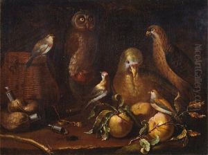 An Owl, Parrot, Hawk And Finches, With Fruit And Hunting Paraphernalia