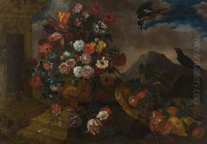 Still Life With Flowers In Vase And Fruits In A Basket Before A Landscape With Two Birds by Bartolommeo Bimbi