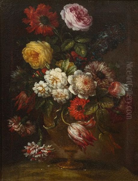 Still Life Of Flowers With Roses, Carnations, Anemones, And A Hyacinth In A Metal Vase - view 1