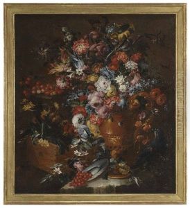 Still Life With Flowers In A Gilt Vase And Wood Box, With Parrot And Dishes Of Fruit by Bartolommeo Bimbi
