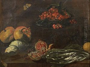 A Dish Of Cherries With Pomegranates, Lemons And Other Fruit And Vegetables With A Spotted Fritillary Butterfly On A Stone Ledge thumbnail