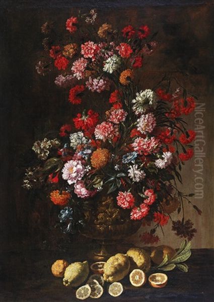 A Still Life Of Citrus Fruit And Flowers In An Elaborately Decorated And Gilded Vase - view 1
