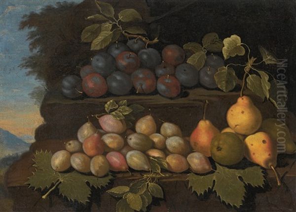 Still Life Of Pears And Plums, On A Stone Ledge, A Landscape Beyond - view 1
