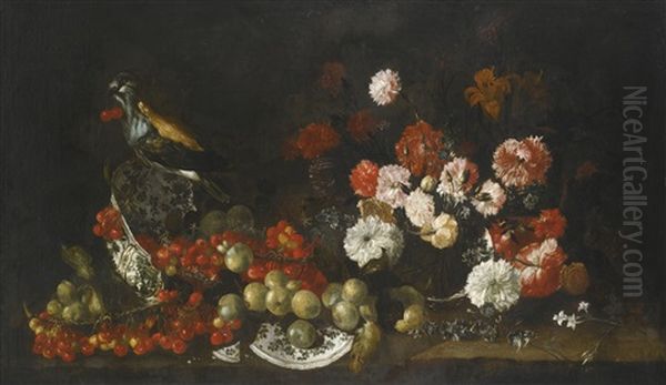 Still Life Of Cherries And Green Plums Spilling From A Broken Porcelain Bowl, An Assortment Of Flowers, And A Bird - view 1