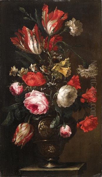 Tulpen, Nelken Und Rosen In Einer Vergoldeten Vase Auf Einer Steinplatte; Und Rosen, Nelken Und Tulpen In Einer Vergoldeten Vase Auf Einer Steinplatte (pair) - view 1