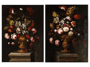 Gemaldepaar Mit Blumenstilleben In Prunkvasen Auf Einem Marmorsockel (pair) by Bartolommeo Bimbi