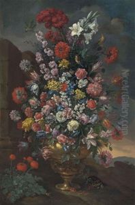 Celoria Cristata Red Velvet, Tulips, Roses, Poppies, Carnations, Lilies, Hyacinths, Morning Glory And Other Flowers In A Sculpted Urn...