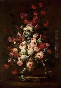 Elaborate Floral Bouquet In Footed Vase (+ Another; Pair) Elaborate Floral Bouquet In Footed Vase (+ Another; Pair)