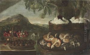 Baskets With Cherries, Strawberries, Chestnuts And Mushrooms On A Stone Ledge, A Landscape With A Horse Beyond by Bartolommeo Bimbi