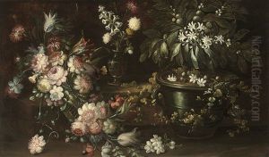 Camelias, Roses, Parrot Tulips And Other Flowers On A Table, And A Miniature Orange Tree In An Urn
