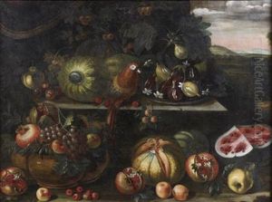 Nature Morte Aux Pasteques, Plat De Figues, Grenades, Et Perroquet