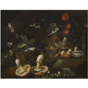 A Forest Floor Still Life With Mushrooms, Flowers, Birds And A Butterfly