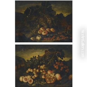 A Still Life With Grapes On The Vine, Oranges, Apples, Plums And Cherries In A Landscape (+another; Pair) by Bartolommeo Bimbi