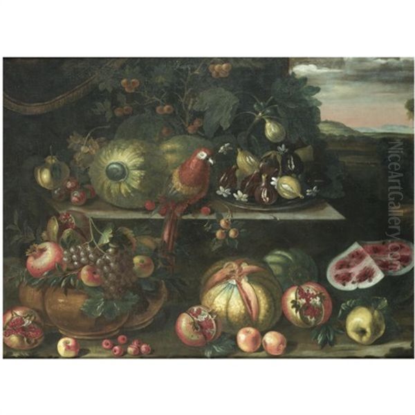 A Still Life With Watermelons, Figs, A Parrot And Grapes On A Stone Ledge, Together With Pomegrantes, Pumpkins And Apples, A Landscape Beyond - view 1