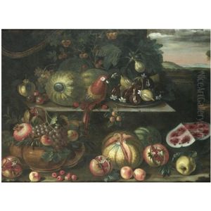A Still Life With Watermelons, Figs, A Parrot And Grapes On A Stone Ledge, Together With Pomegrantes, Pumpkins And Apples, A Landscape Beyond