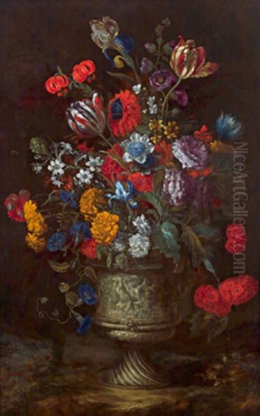 Blumenstillleben In Einer Reich Ornamentierten Vase Mit Figurenfries - Natura Morta Con Un Caso Di Fiori - view 1