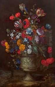 Blumenstillleben In Einer Reich Ornamentierten Vase Mit Figurenfries - Natura Morta Con Un Caso Di Fiori