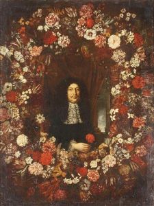 A Portrait Of A Gentleman Surrounded By A Garland Of Mixed Flowers