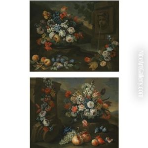 A Still Life Of Tulips, Roses And Other Flowers In A Porcelain Vase, With Peaches, Plums And Another Bunch Of Flowers Near A Fountain In A Park Landscape (+ A Still Life Of Tulips, Daffodils, Roses An by Bartolommeo Bimbi