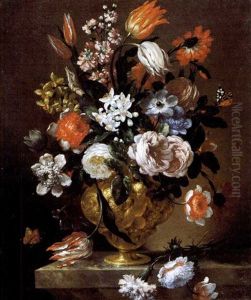 Fiori In Vaso Di Metallo (2 Works) by Bartolommeo Bimbi