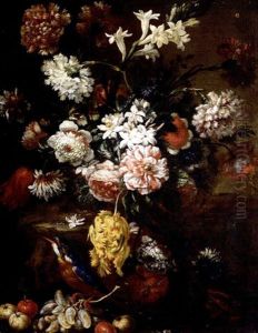 Still Life Of Various Flowers In A Basket, Together With Grapes, Crab-apples And A Kingfisher