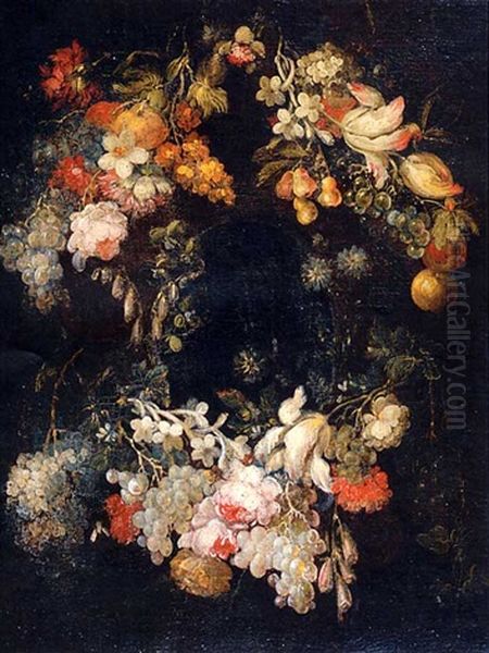 A Swag Of Flowers And Fruit On A Stone Cartouche - view 1