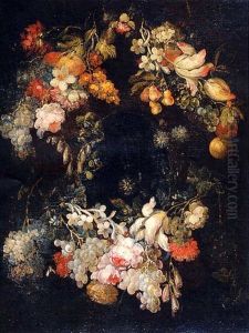 A Swag Of Flowers And Fruit On A Stone Cartouche A Swag Of Flowers And Fruit On A Stone Cartouche