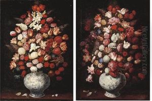A Crown Imperial Lily, A White Iris, Lilies, Carnations, Roses, Lilac And Other Flowers In A Blue And White Porcelain Vase On A Ledge