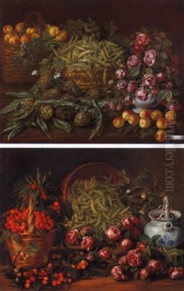 Natura Morta Con Carciofi E Pesche, Cesta Di Pesche, Cesta Di Fagiolini E Vaso Di Rose - view 1