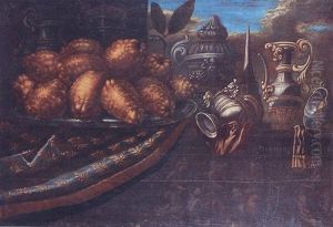 Nature Morte: Plat De Cedras Et Piece D'orfevrerie Voisinant Sur Un Entablement