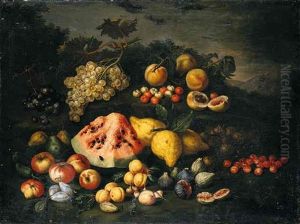 Still Life Of Watermelon, Lemons, Peaches, Apples, Plums, Cherries And Figs In An Open Landscape