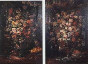 Flowers In A Silver-gilt Urn And A Bowl Of Peaches On A Draped Table