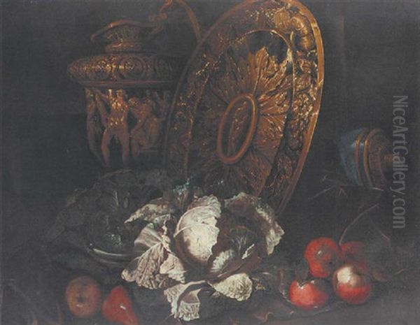 Cabbages, Apples And Pears By A Silver-gilt Platter And A Sculpted Ewer - view 1