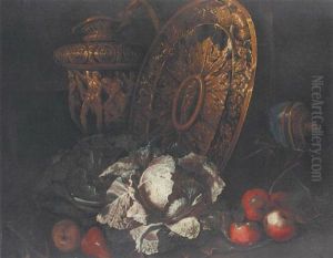 Cabbages, Apples And Pears By A Silver-gilt Platter And A Sculpted Ewer by Bartolommeo Bimbi