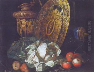Cabbages, Apples And Pears By A Silver Gilt Platter And A Sculpted Ewer by Bartolommeo Bimbi