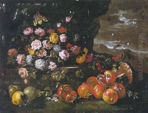 Still Life Of Flowers In An Urn, Pomegranate, Pears And Cherries, All In A Landscape