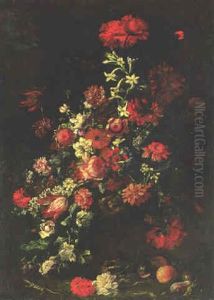 Flowers In A Sculpted Vase With Fruit, A Lizard And A Jay Nearby