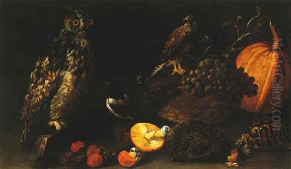 A Still Life Of Grapes In A Basket, Other Fruits And Mushrooms, With An Owl, A Falcon, A Magie, A Hedgehog And A Turtle - view 1